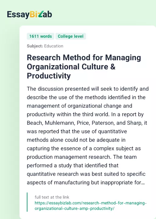 Research Method for Managing Organizational Culture & Productivity - Essay Preview