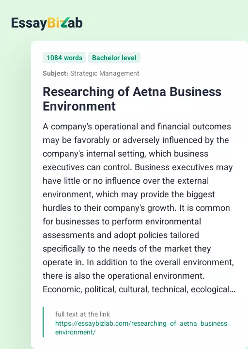 Researching of Aetna Business Environment - Essay Preview