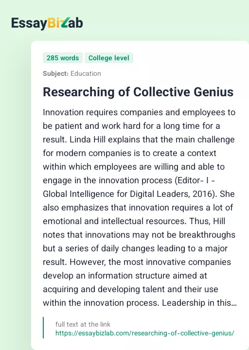 Researching of Collective Genius - Essay Preview