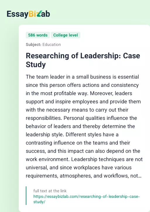 Researching of Leadership: Case Study - Essay Preview