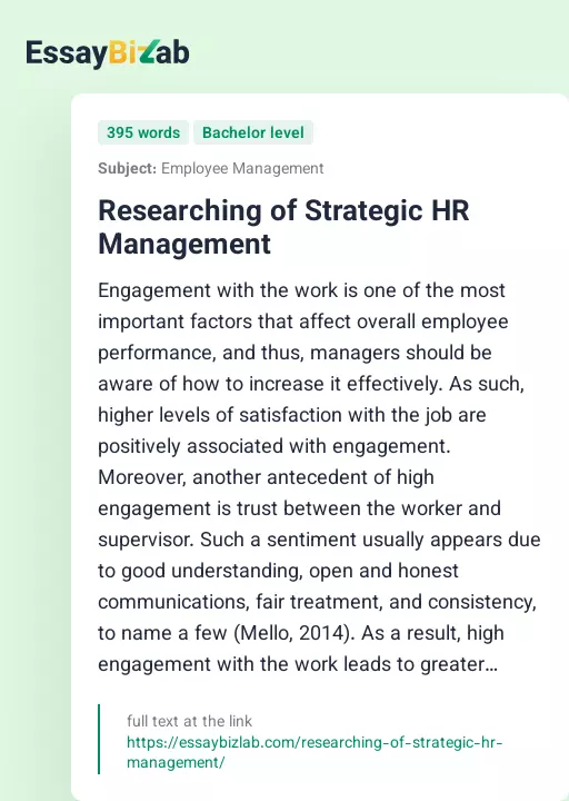 Researching of Strategic HR Management - Essay Preview