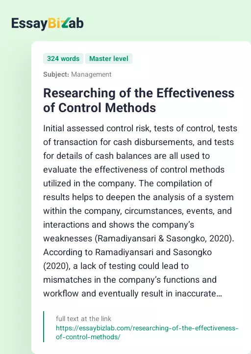 Researching of the Effectiveness of Control Methods - Essay Preview