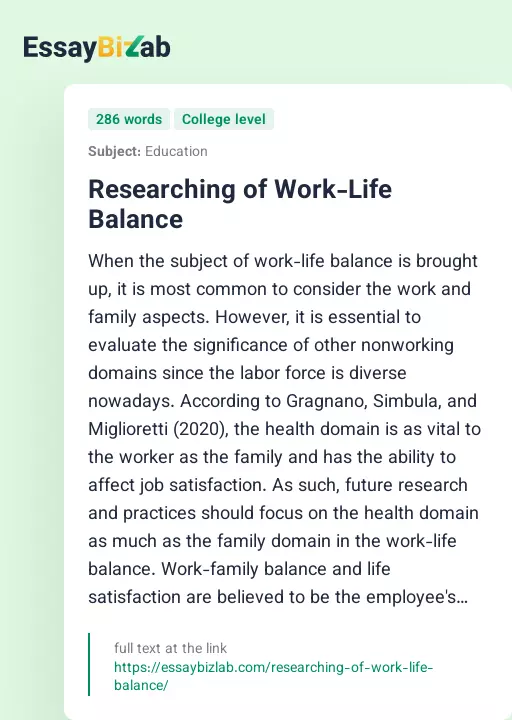 Researching of Work-Life Balance - Essay Preview