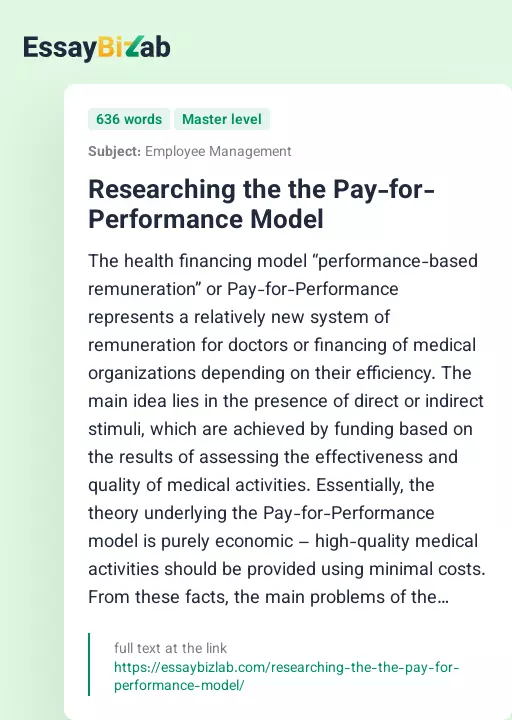 Researching the the Pay-for-Performance Model - Essay Preview