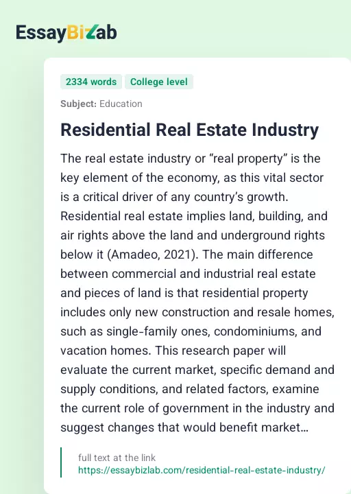 Residential Real Estate Industry - Essay Preview
