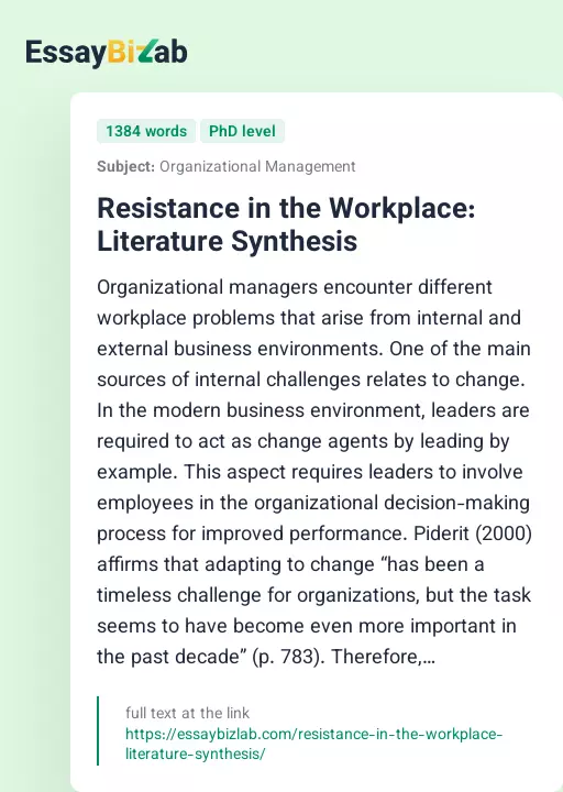Resistance in the Workplace: Literature Synthesis - Essay Preview