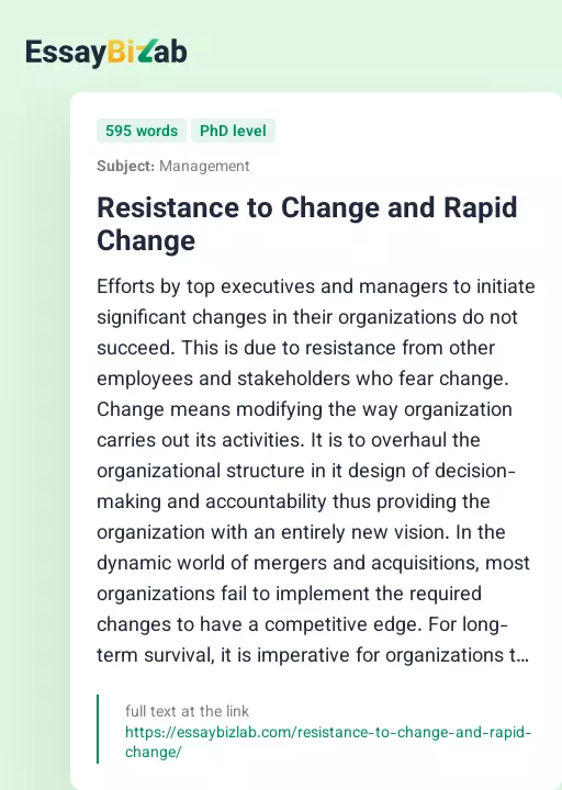Resistance to Change and Rapid Change - Essay Preview