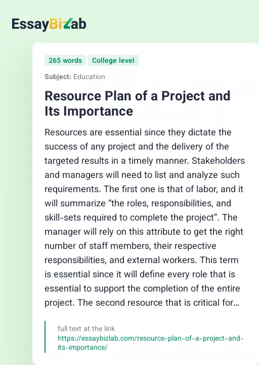Resource Plan of a Project and Its Importance - Essay Preview