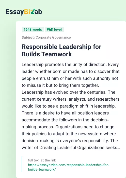 Responsible Leadership for Builds Teamwork - Essay Preview