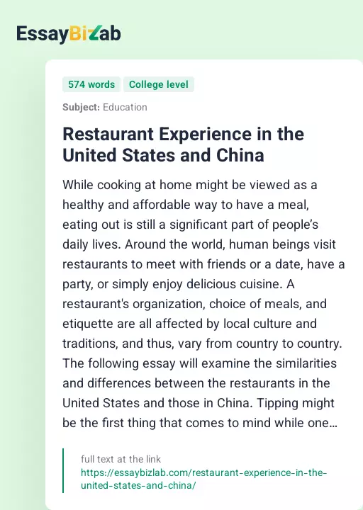 Restaurant Experience in the United States and China - Essay Preview