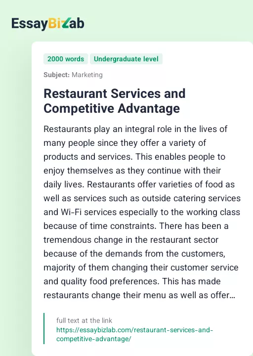 Restaurant Services and Competitive Advantage - Essay Preview