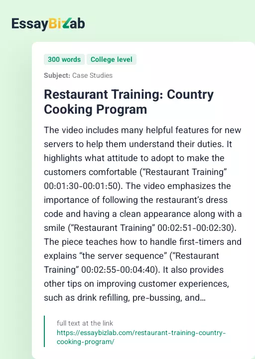 Restaurant Training: Country Cooking Program - Essay Preview