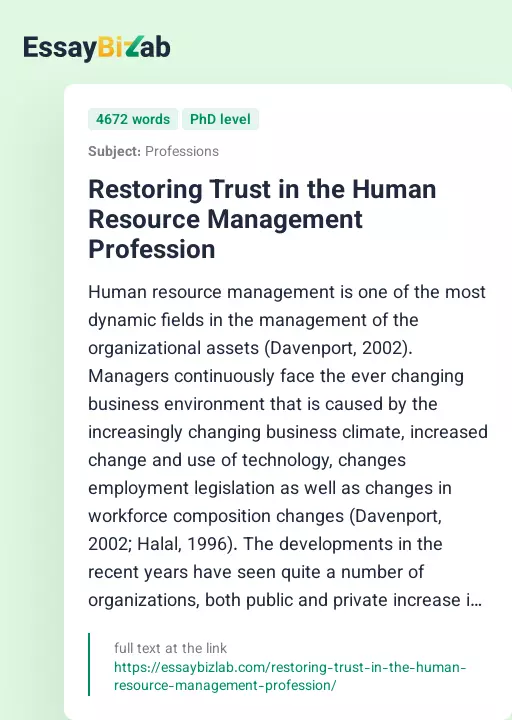 Restoring Trust in the Human Resource Management Profession - Essay Preview