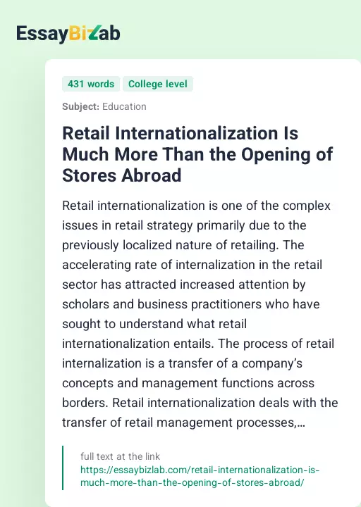 Retail Internationalization Is Much More Than the Opening of Stores Abroad - Essay Preview