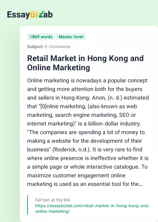 Retail Market in Hong Kong and Online Marketing - Essay Preview