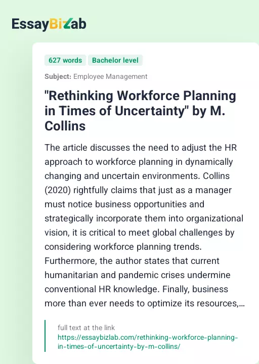 "Rethinking Workforce Planning in Times of Uncertainty" by M. Collins - Essay Preview