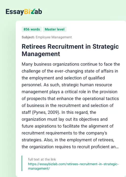 Retirees Recruitment in Strategic Management - Essay Preview