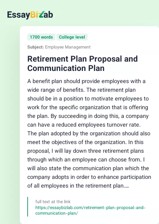 Retirement Plan Proposal and Communication Plan - Essay Preview