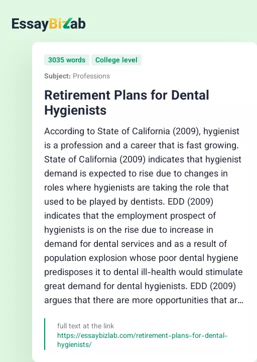 Retirement Plans for Dental Hygienists - Essay Preview