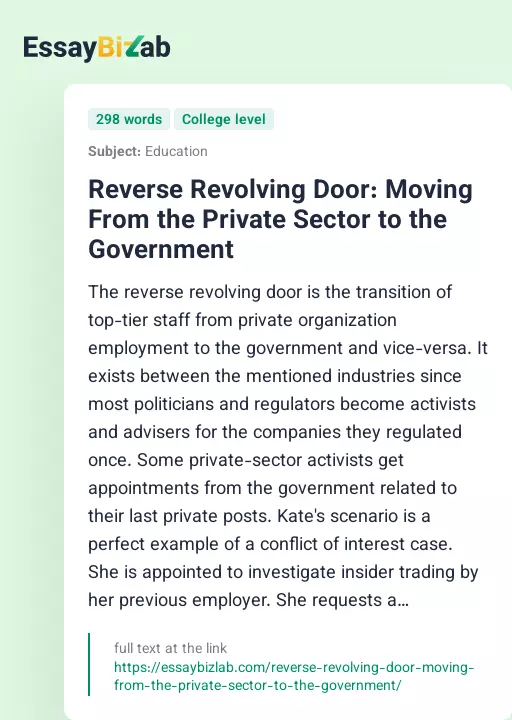 Reverse Revolving Door: Moving From the Private Sector to the Government - Essay Preview