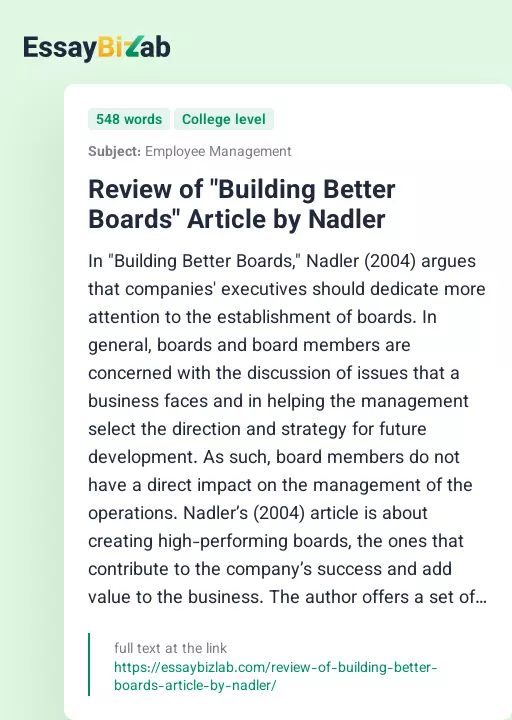 Review of "Building Better Boards" Article by Nadler - Essay Preview