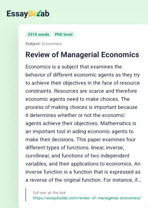 Review of Managerial Economics - Essay Preview