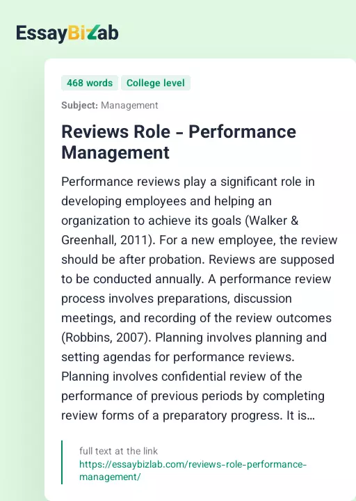 Reviews Role - Performance Management - Essay Preview