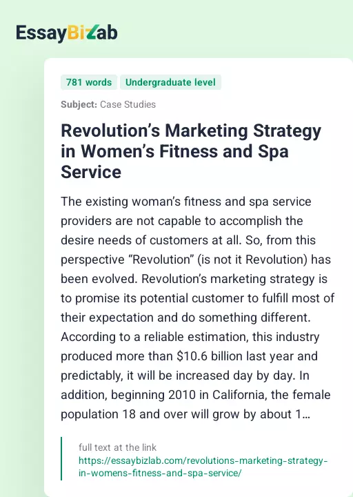 Revolution’s Marketing Strategy in Women’s Fitness and Spa Service - Essay Preview