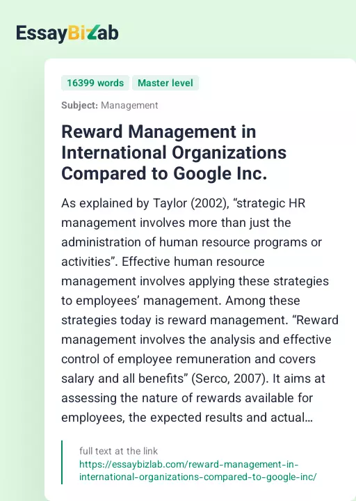 Reward Management in International Organizations Compared to Google Inc. - Essay Preview