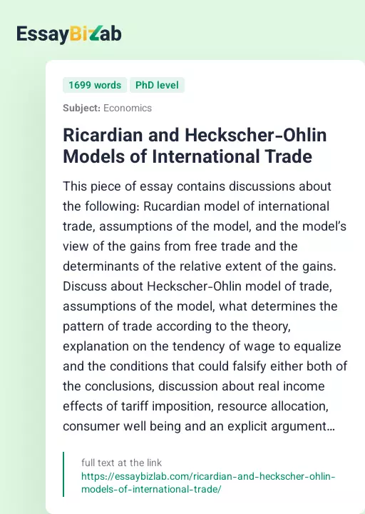 Ricardian and Heckscher-Ohlin Models of International Trade - Essay Preview