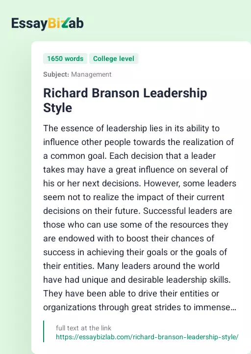 Richard Branson Leadership Style - Essay Preview