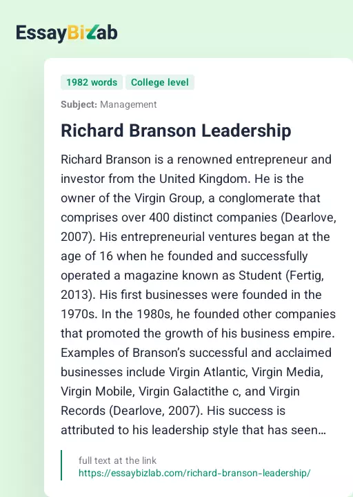 Richard Branson Leadership - Essay Preview