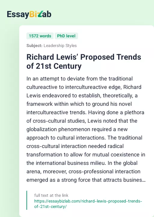 Richard Lewis’ Proposed Trends of 21st Century - Essay Preview
