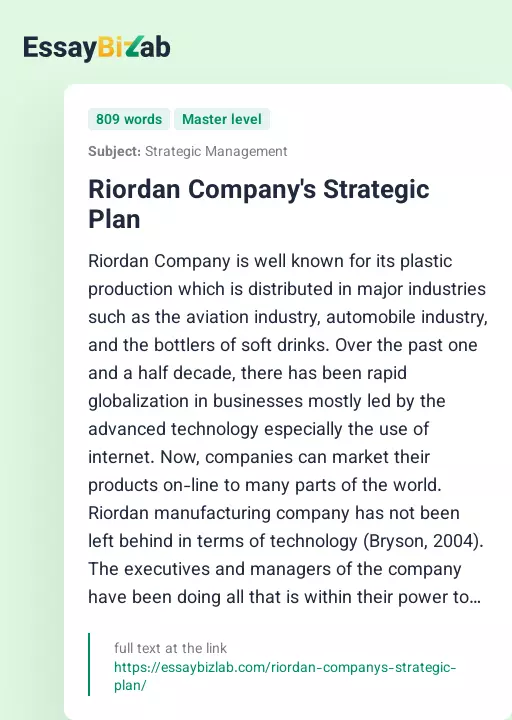 Riordan Company's Strategic Plan - Essay Preview