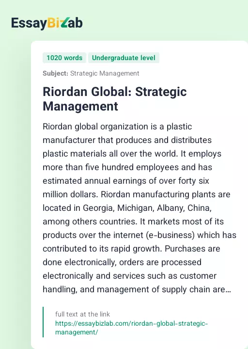 Riordan Global: Strategic Management - Essay Preview