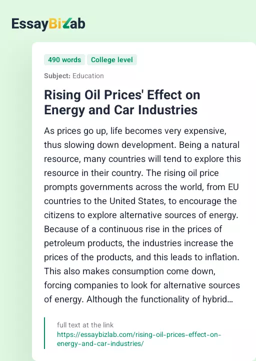 Rising Oil Prices' Effect on Energy and Car Industries - Essay Preview