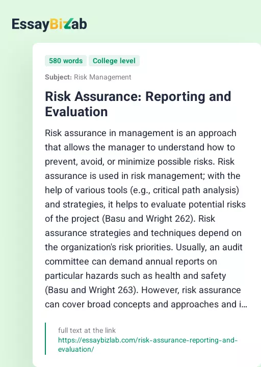 Risk Assurance: Reporting and Evaluation - Essay Preview