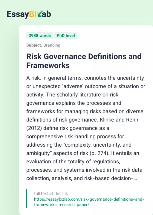 Risk Governance Definitions and Frameworks - Essay Preview