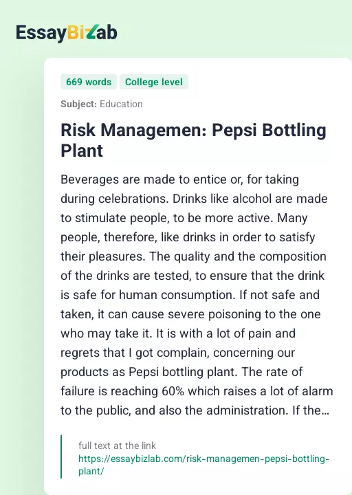 Risk Managemen: Pepsi Bottling Plant - Essay Preview