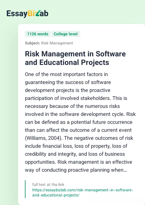 Risk Management in Software and Educational Projects - Essay Preview