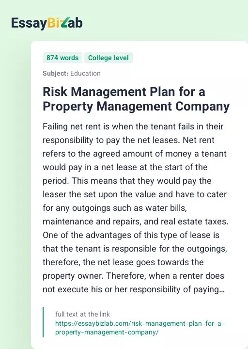 Risk Management Plan for a Property Management Company - Essay Preview