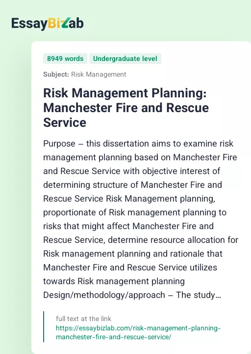 Risk Management Planning: Manchester Fire and Rescue Service - Essay Preview
