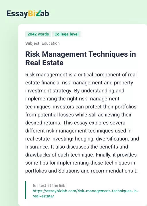 Risk Management Techniques in Real Estate - Essay Preview