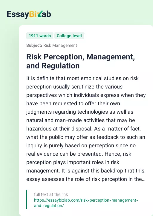 Risk Perception, Management, and Regulation - Essay Preview
