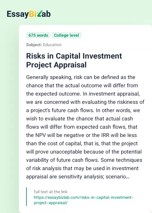 Risks in Capital Investment Project Appraisal - Essay Preview