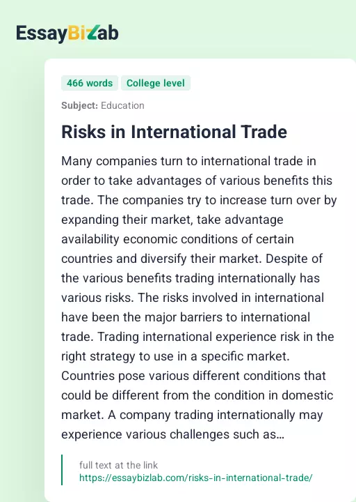 Risks in International Trade - Essay Preview