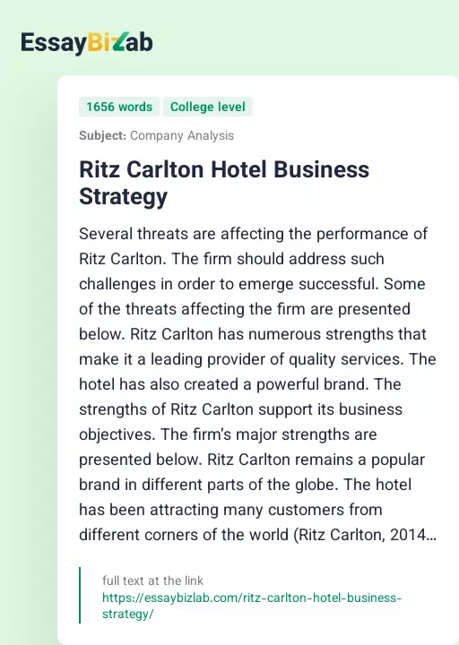 Ritz Carlton Hotel Business Strategy - Essay Preview