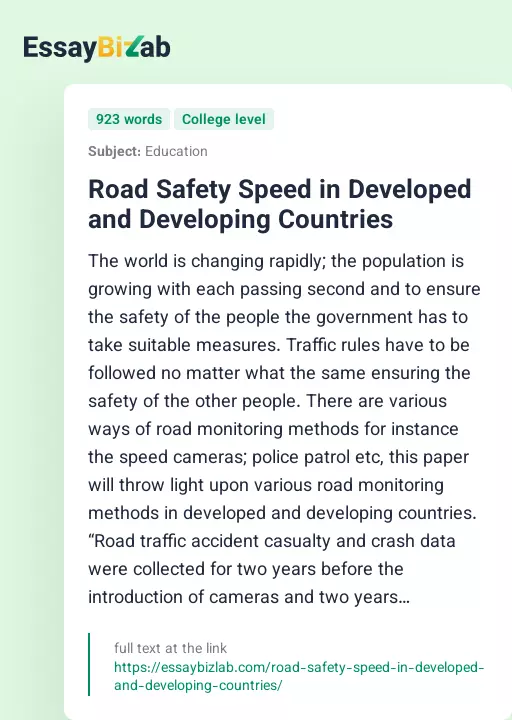 Road Safety Speed in Developed and Developing Countries - Essay Preview