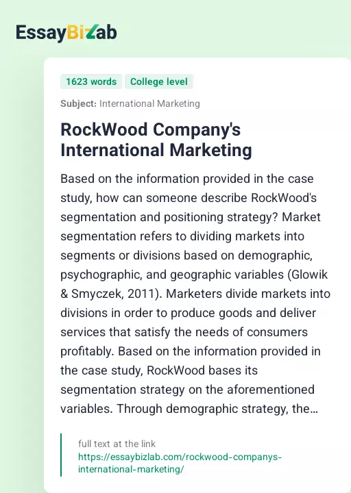 RockWood Company's International Marketing - Essay Preview