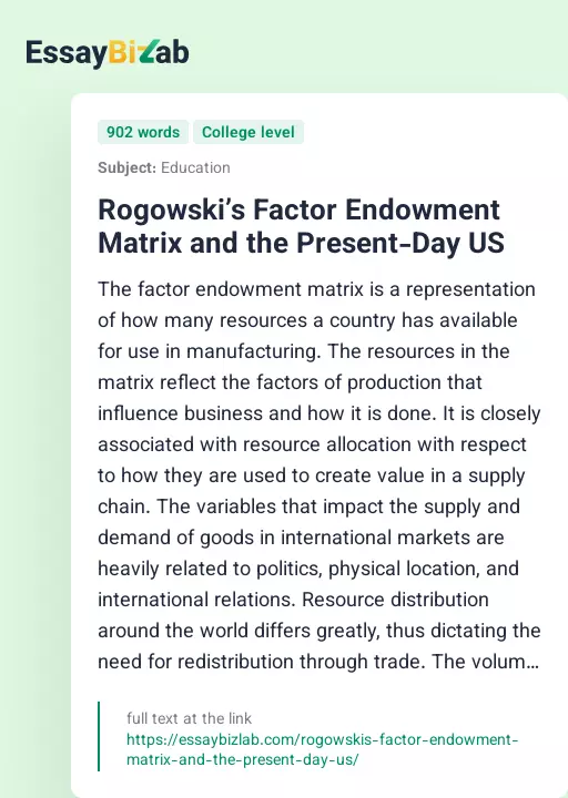 Rogowski’s Factor Endowment Matrix and the Present-Day US - Essay Preview